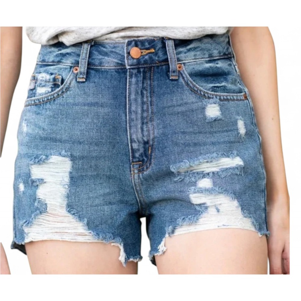 JUST USA JEANS Cut-Off Denim Shorts DESTROYED SHREDDED High Rise Cotton L/27"